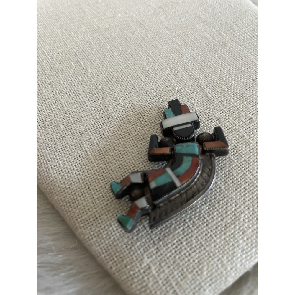 Vintage Old Pawn Zuni Rainbow Man Sterling Silver Brooch 11 Grams Inlay Stones